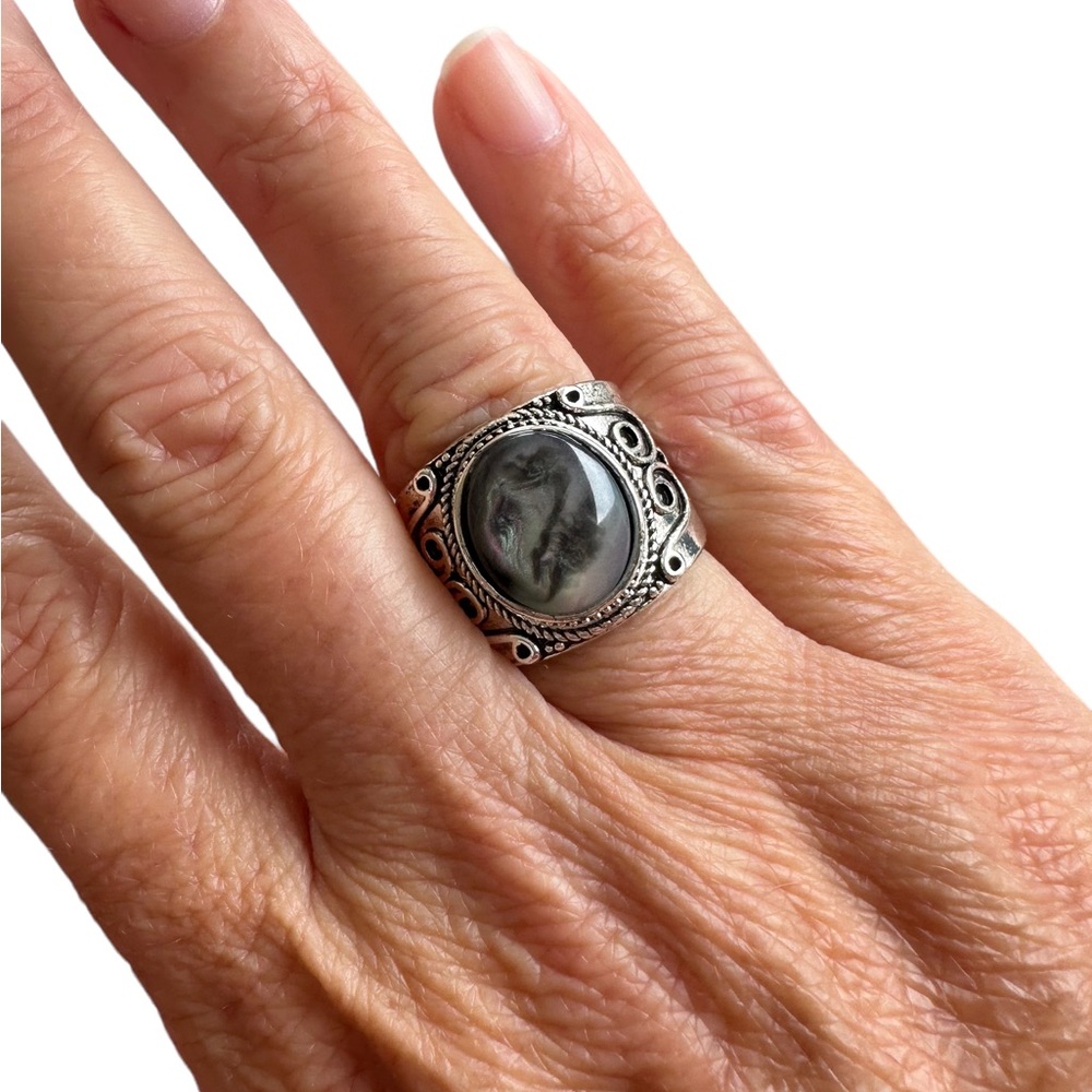 Opaque Gray Moonstone Embossed Silver Ring